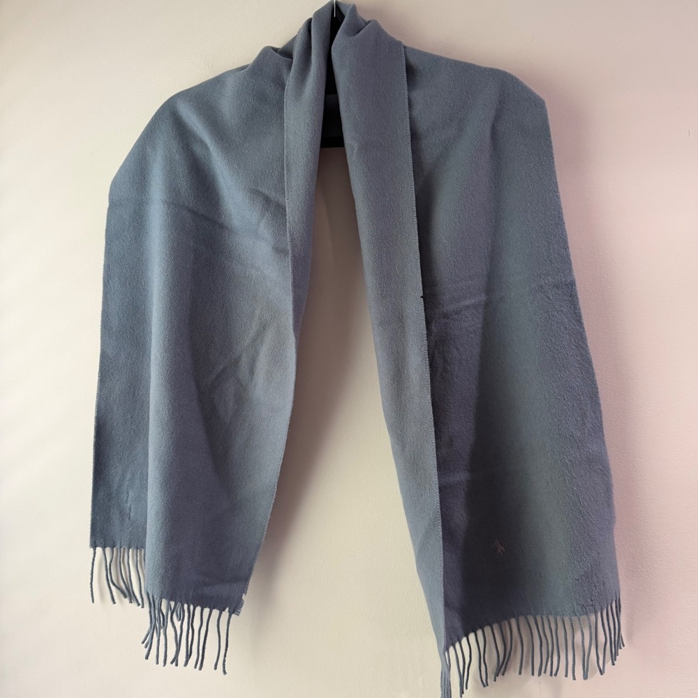 Polo Ralph Lauren Scarf Unisex OS Blue 100% Cashmere Made in England Fringe FLAW